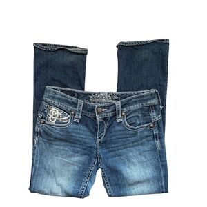 Vintage Embroidered blue denim bootcut jeans, low-rise with rhinestone on back
